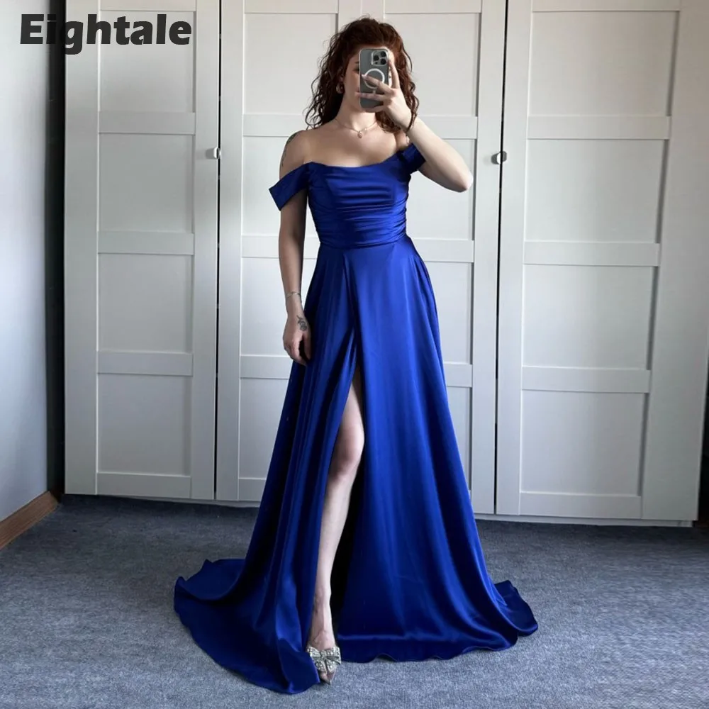 Eightale Royal Blue Evening Dresses off the Shoulder A-Line Prom Party Gown Satin Side Slit Arabic Wedding Vestidos De Fiesta