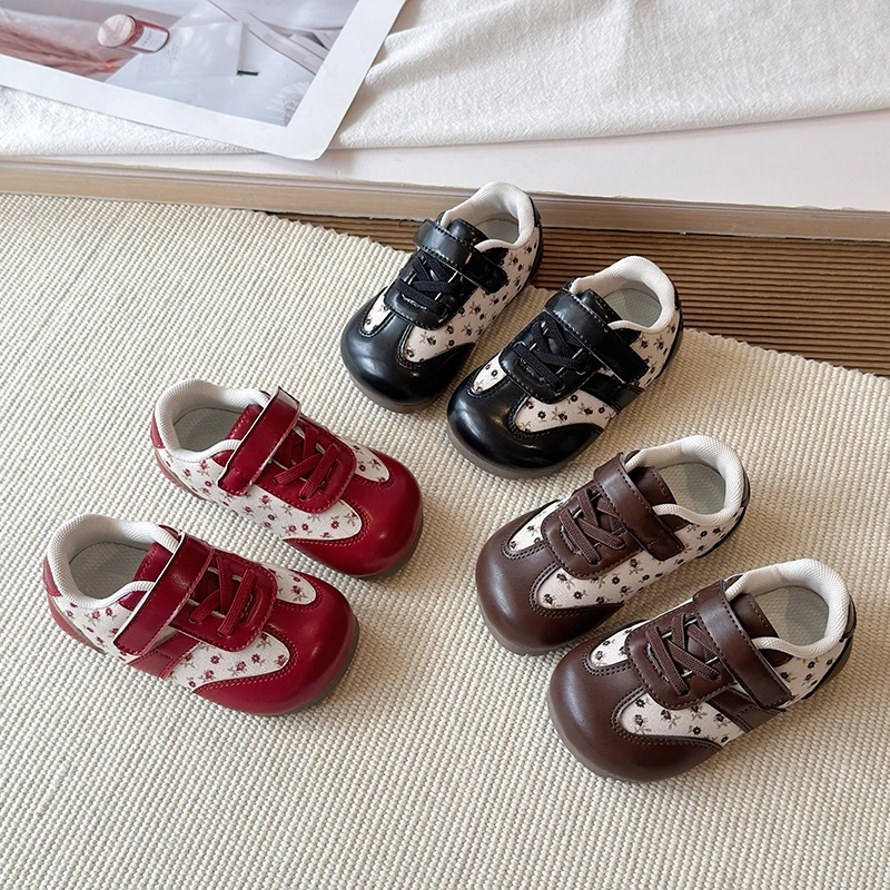 Girls Casual Round Toe Floral Patterned Leather Shoes Fashionable Sweet Anti-Slip Soft Soled Children's Shoes Size 21-30