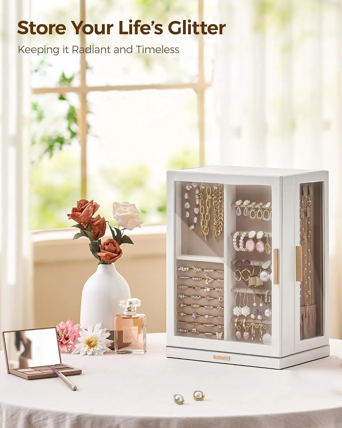 7-Drawer Rotating Jewelry Organizer with Glass Window, Dustproof Storage Case in White