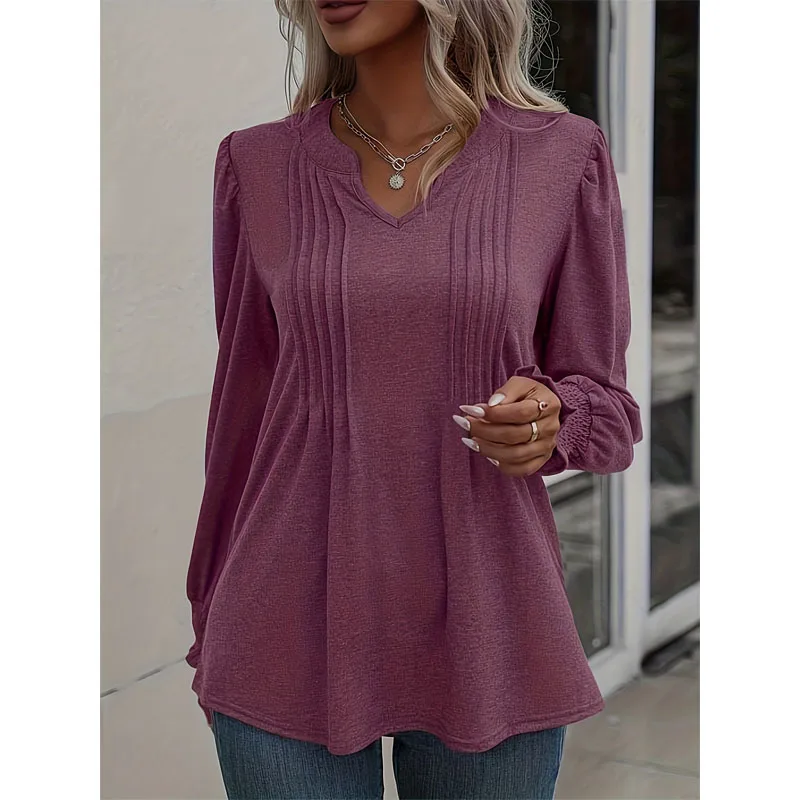 Herbst und Winter neue Pendler Temperamente Damen bekleidung Mode V-Ausschnitt Langarm Einfachheit einfarbig vielseitiges T-Shirt