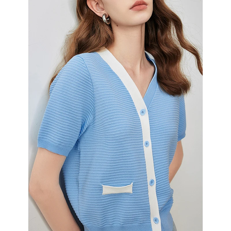 TOYOUTH Women Contrast V-Neck Knit Sweater 2024 Summer New Light And Thin Small Fragrant Style Shirt