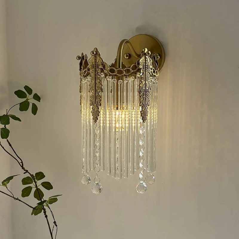 French Vintage Wall Lamps Crystal LED Wall Sconces Living Room Bedroom Glass Stripe Tassel Art Home Decoration Crown Wall Lights