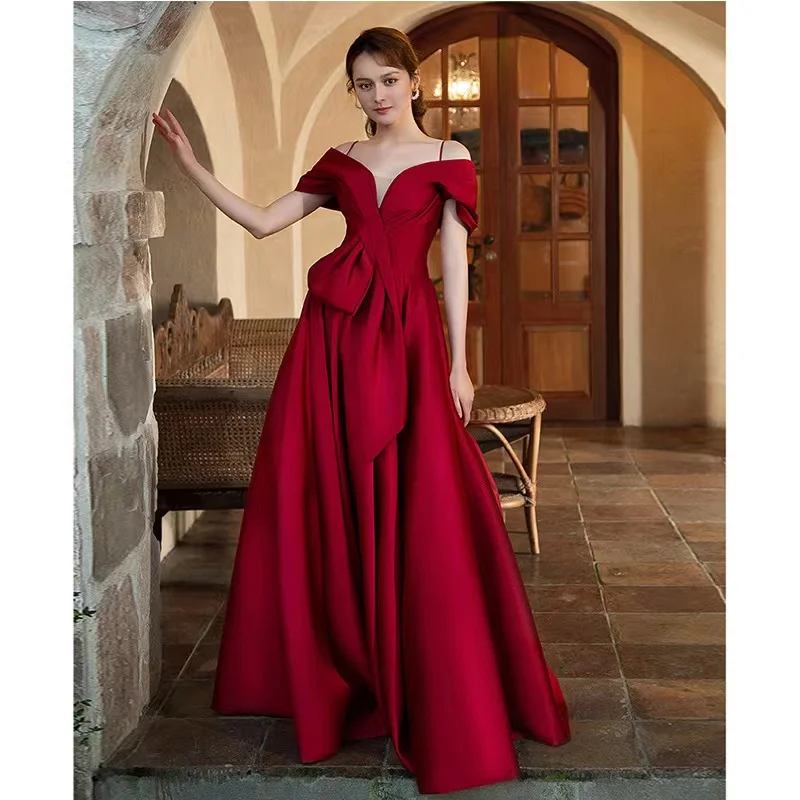 Vinho vermelho cetim espaguete correias vestidos de noite para mulher fora do ombro ruched v-neck cintura magro sem costas vestidos de casamento