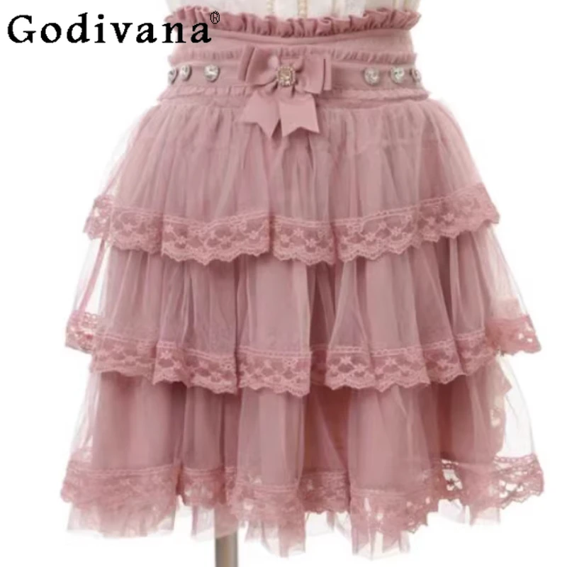 

Spring Summer Japanese Sweet Versatile Age-reducing Bow Gauze Skirt Cute Girls High Waist A-line Leisure Ruffles Cake Skirts