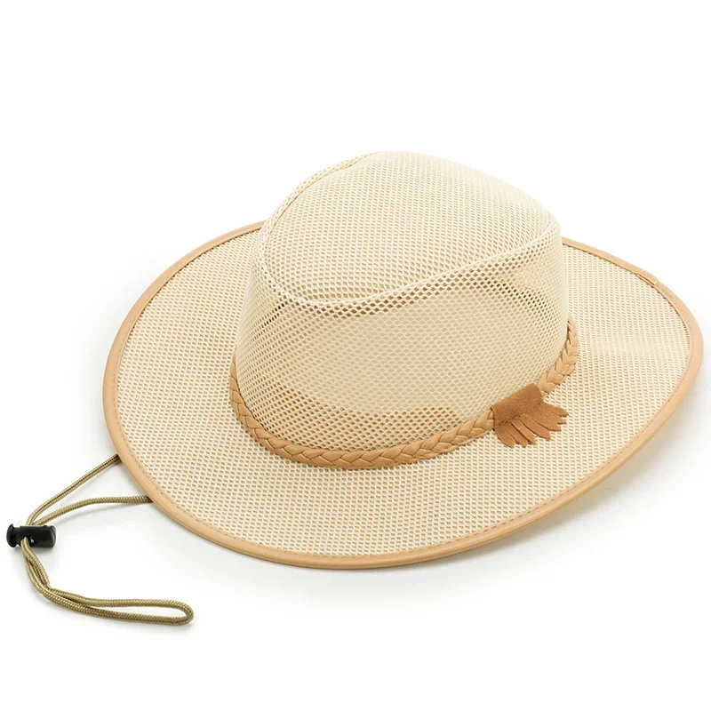 Hollow Out Breathable Shade Adjustment Rope Straw Cap Solid Color Sun Protection Summer Men Beach Hat Jazz Hat