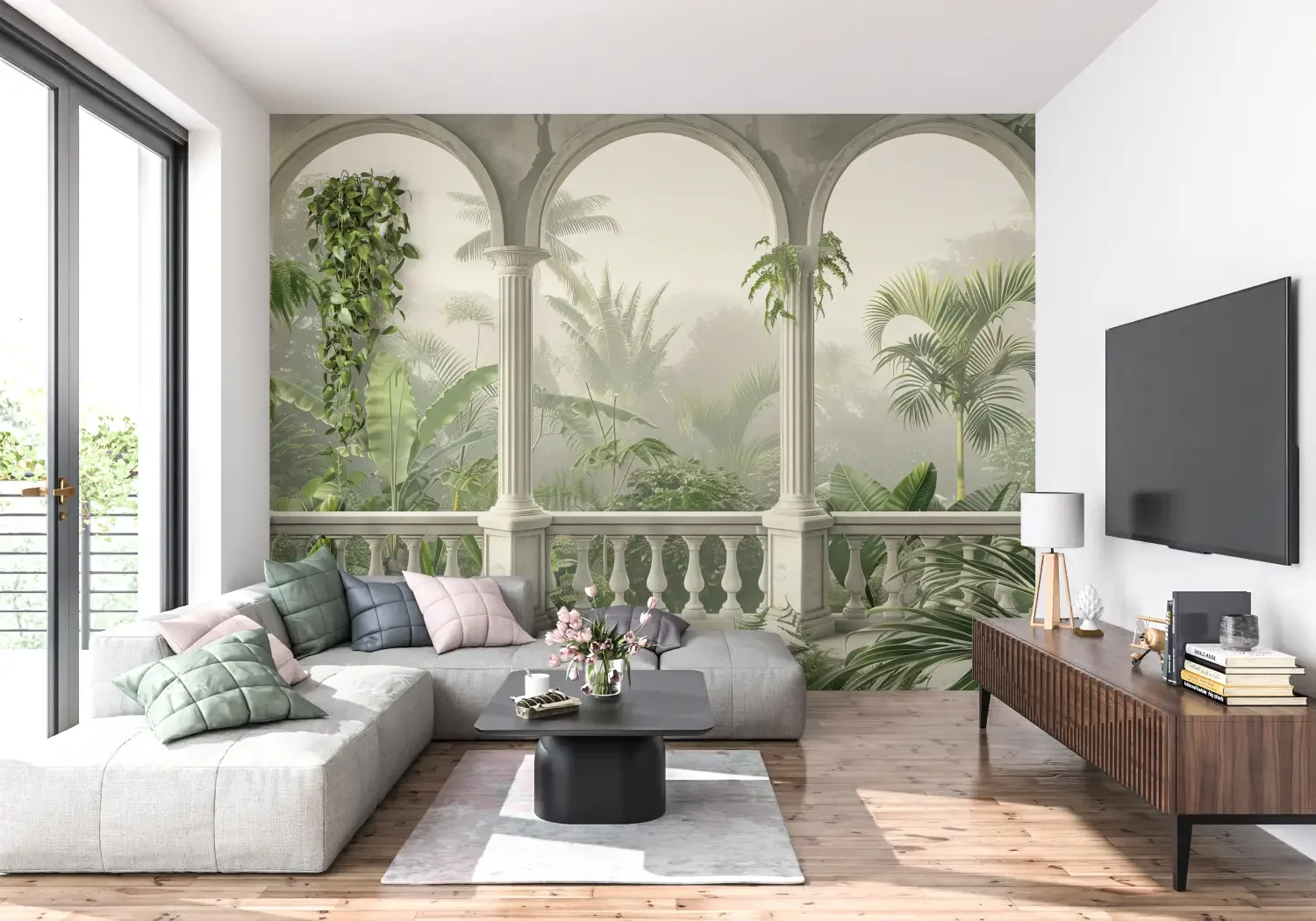 

Custom size mural Roman pillar Tropical rainforest leaves interior background wall decorative painting 3d wallpaper murals