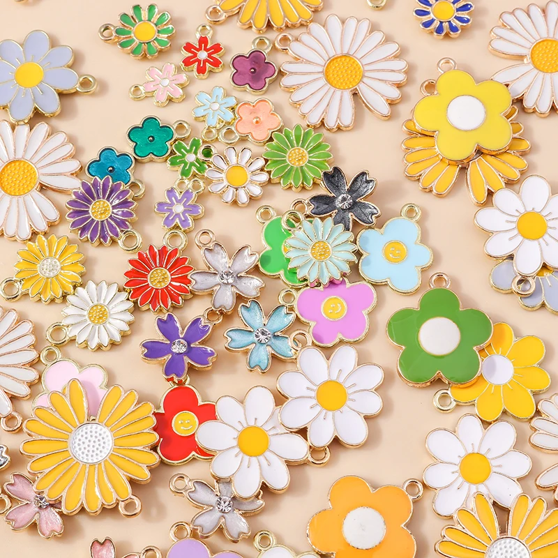 10pcs 9 Styles Mix Color Metal Drop Oil Colorful Flower Charms Plant Daisy Pendant for DIY Bracelet Necklace Jewelry Making