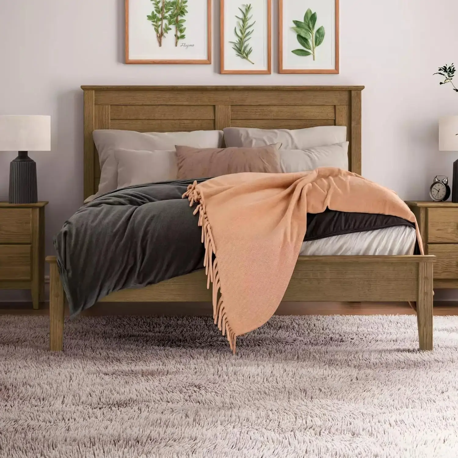 Solid Wood Platform Bed Queen Size Brushed Hickory Finish Bedroom Furniture, Customized