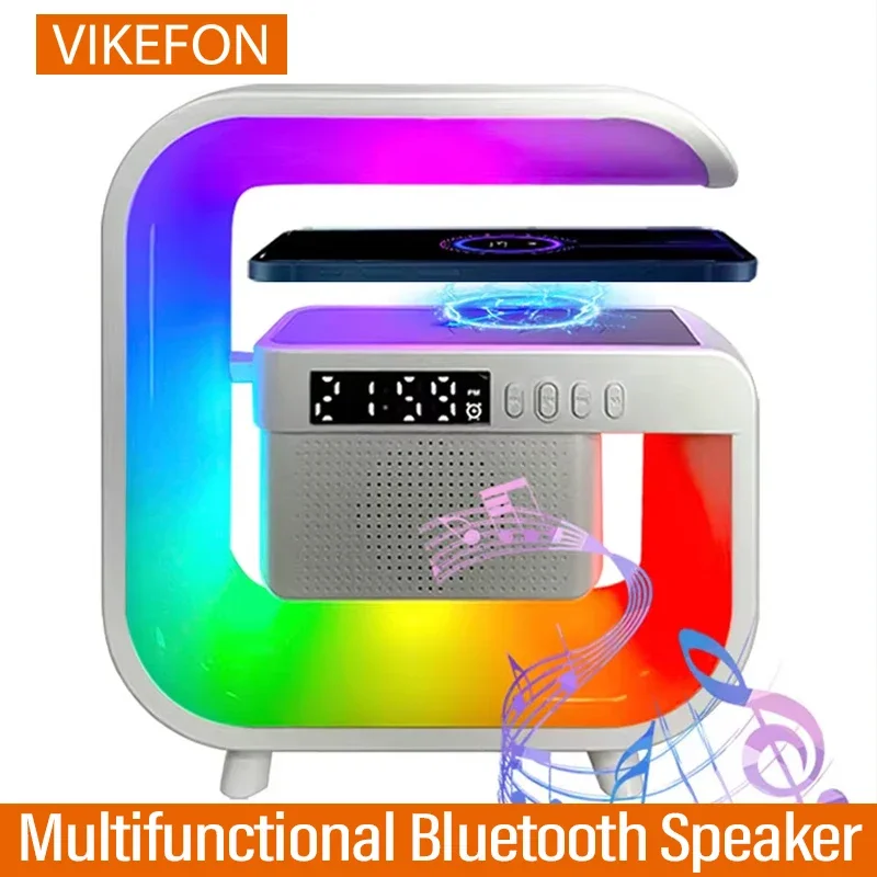 VIKEFON Multifunctional Bluetooth Speaker With Alarm Clock and Wireless Charger and RGB Night Light For iPhone Samsung Xiaomi PC