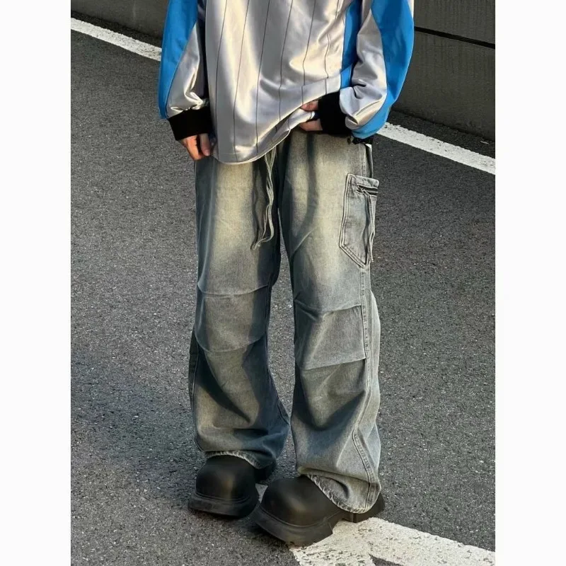 الجينز الرجال الخريف واسعة الساق فضفاض مستقيم مطوي القديمة بناطيل كاجوال بهو ملابس غولف جديد الرجال بنطال رفيع الرياضة Y2k دبوس الشعر