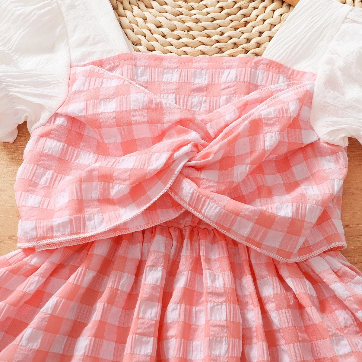 Baby Summer Sweet and Cute Puff Sleeve Pink and white Plaid Square Neck Dress