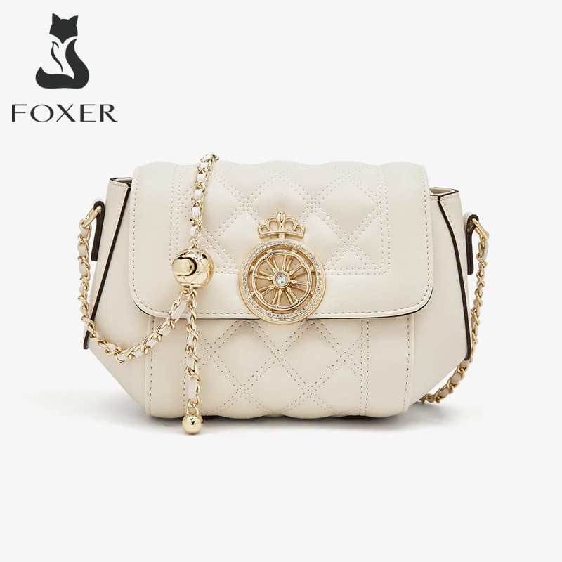 

FOXER Elegant Women's White Quilted Crossbody Bag Real Cowhide Leather Female Chain Shoulder Bag with Crown Turn Lock