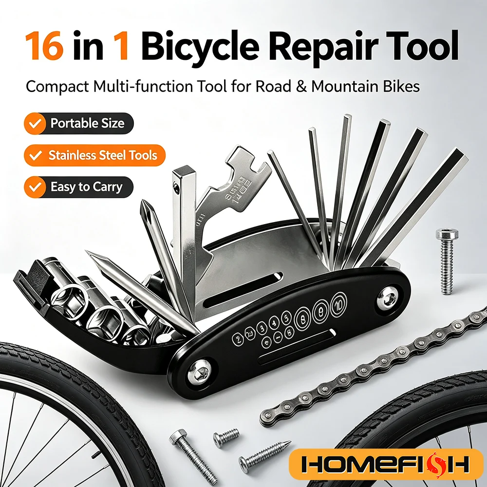 16-in-1 Fahrrad-Reparaturwerkzeug, Kombiniertes Reifenreparaturwerkzeug, Multifunktionales Klappbares Reparaturwerkzeug, Schraubenschlüssel-Set – Detail 1