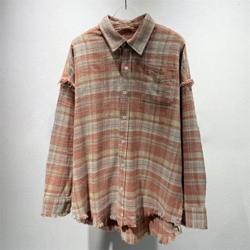 

Женская рубашка, новый однобортный свободный топ с длинными рукавами на осень 2021, высококачественная клетчатая женская блузка из чистого хлопка, тонкое пальто