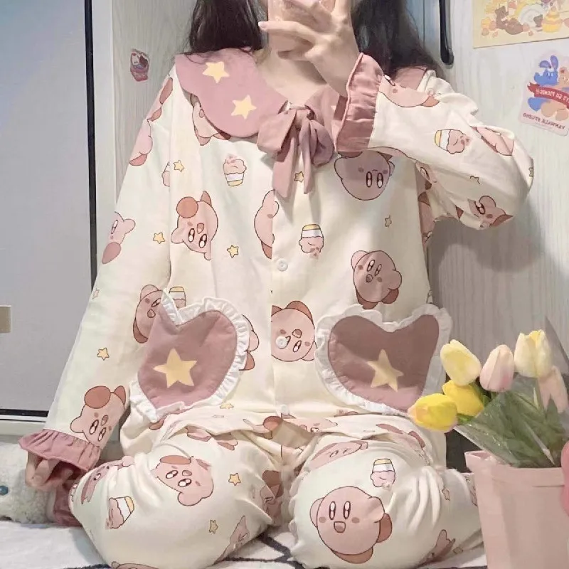 2023 New Japanese Kirby Kawaii Leisure Pajamas Cartoon Anime Women Spring And Autumn Cotton Long-Sleeved Home Clothes Two Suit