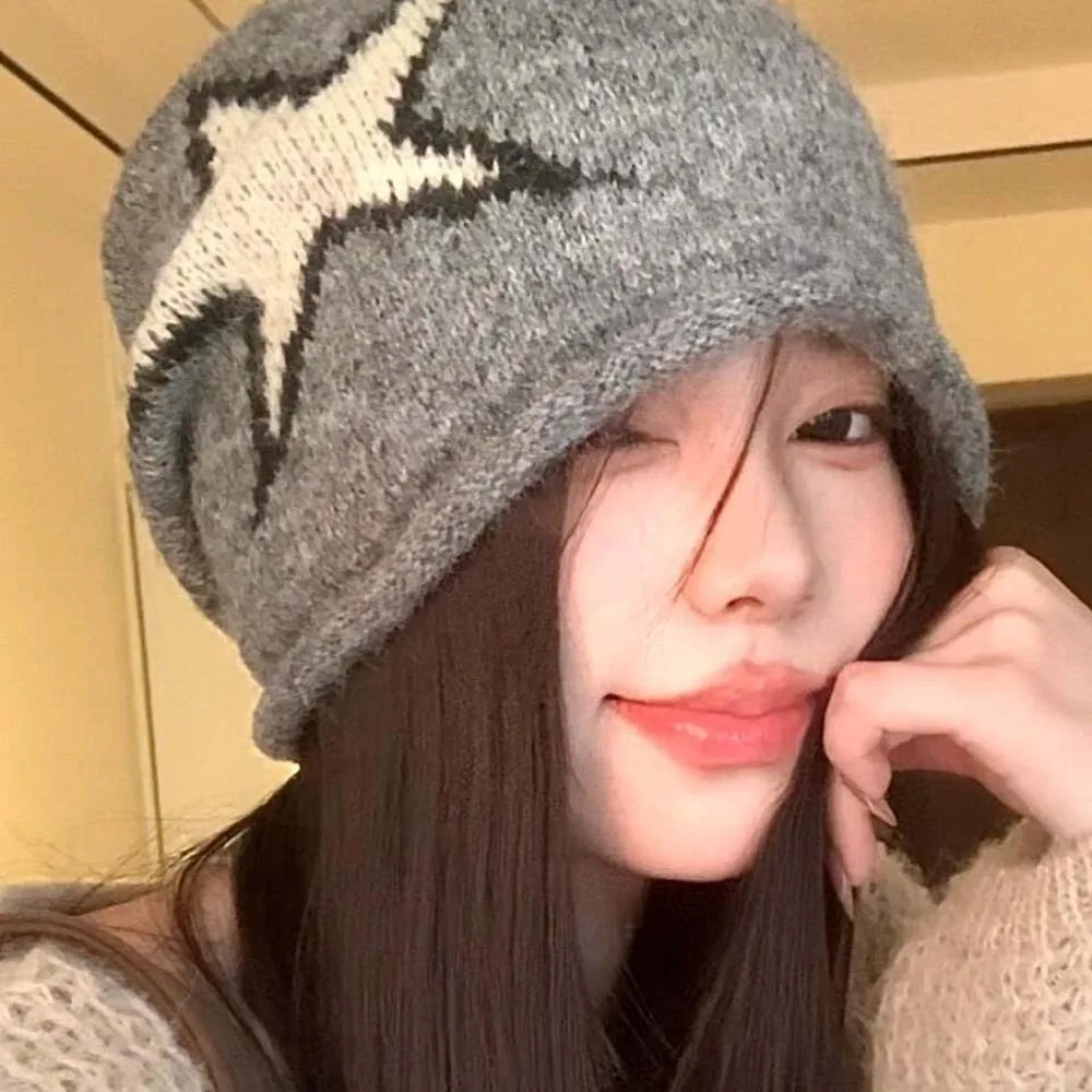 

Personality Elastic Star Knitted Hat Streetwear Hip-hop Jacquard Woolen Hat Soft All-match Brimless Beanie Cap Autumn