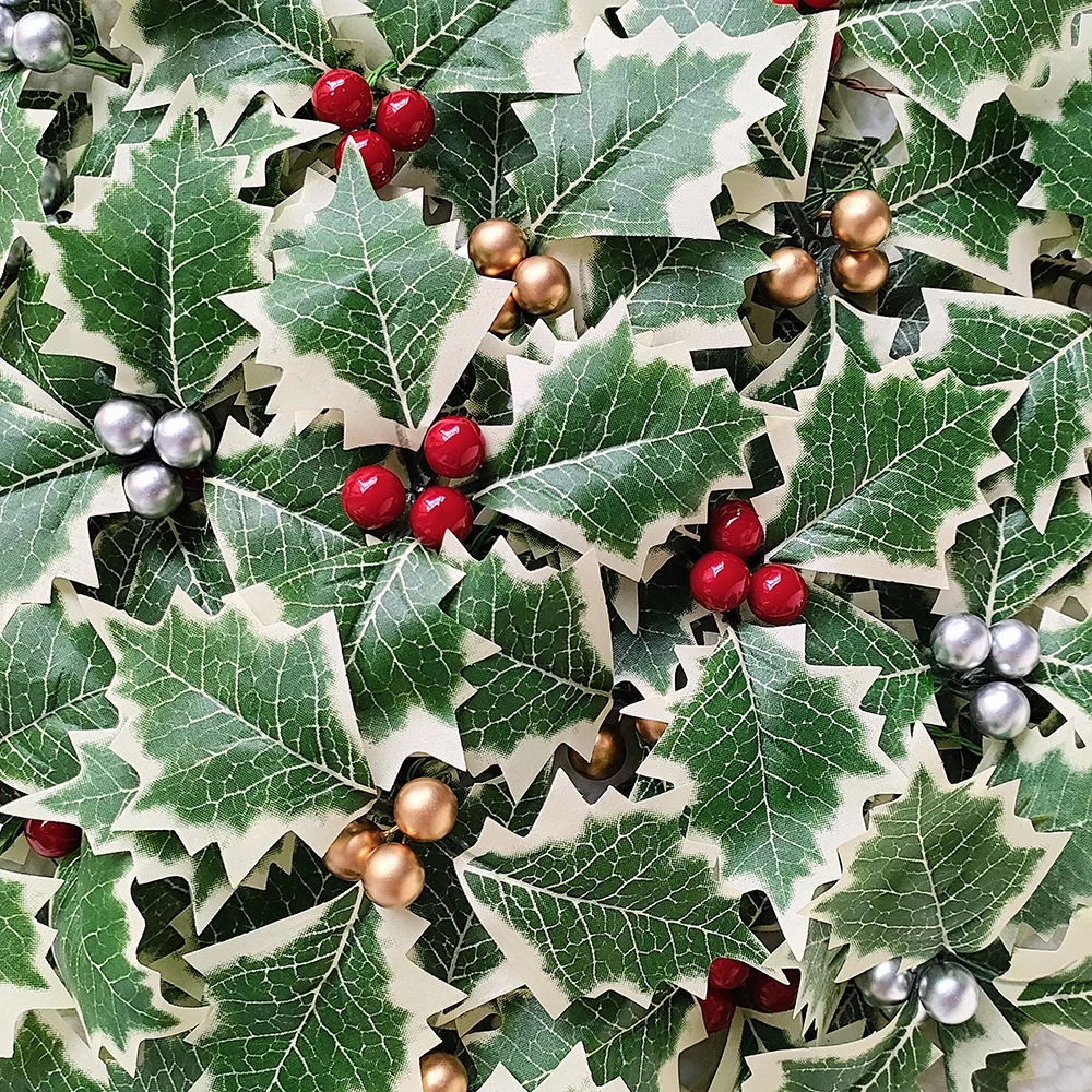 5/10/20pcs Christmas Holly Berries Green Leaves Artificial Flower Red Berries DIY Garland Xmas Tree Ornament Home New Year Gifts