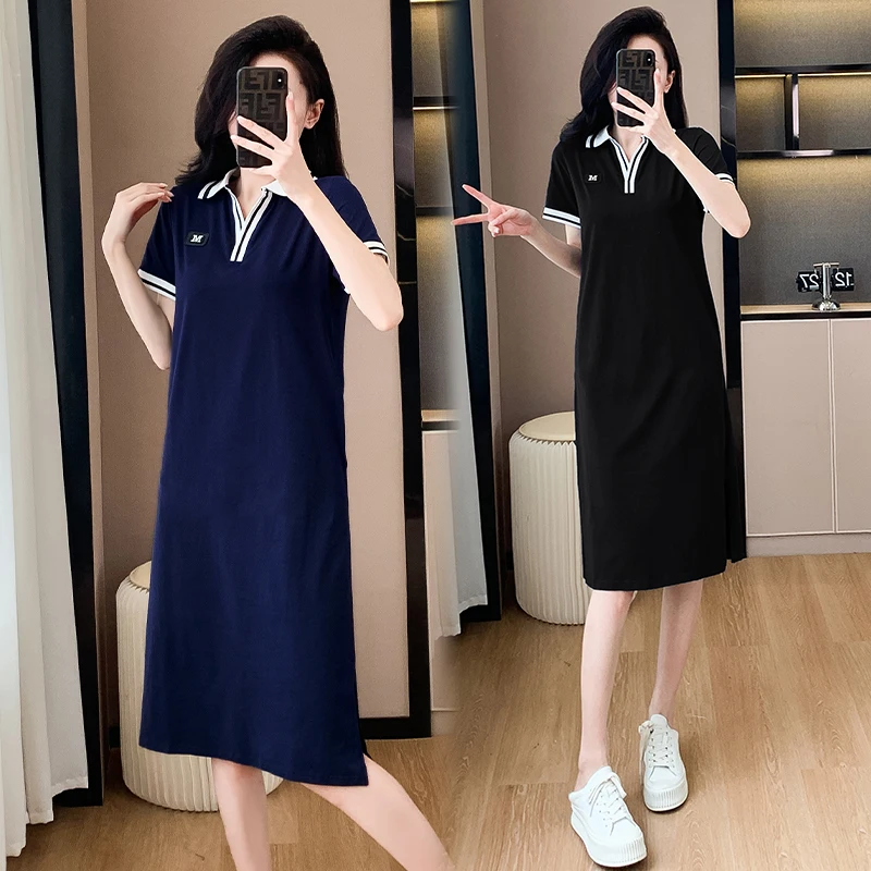 Frauen Baumwolle T-Shirt Kleid Sommer weiblich o Hals Kurzarm groß elegant eine Linie schlank schwarz Marineblau knielangen Vestidos