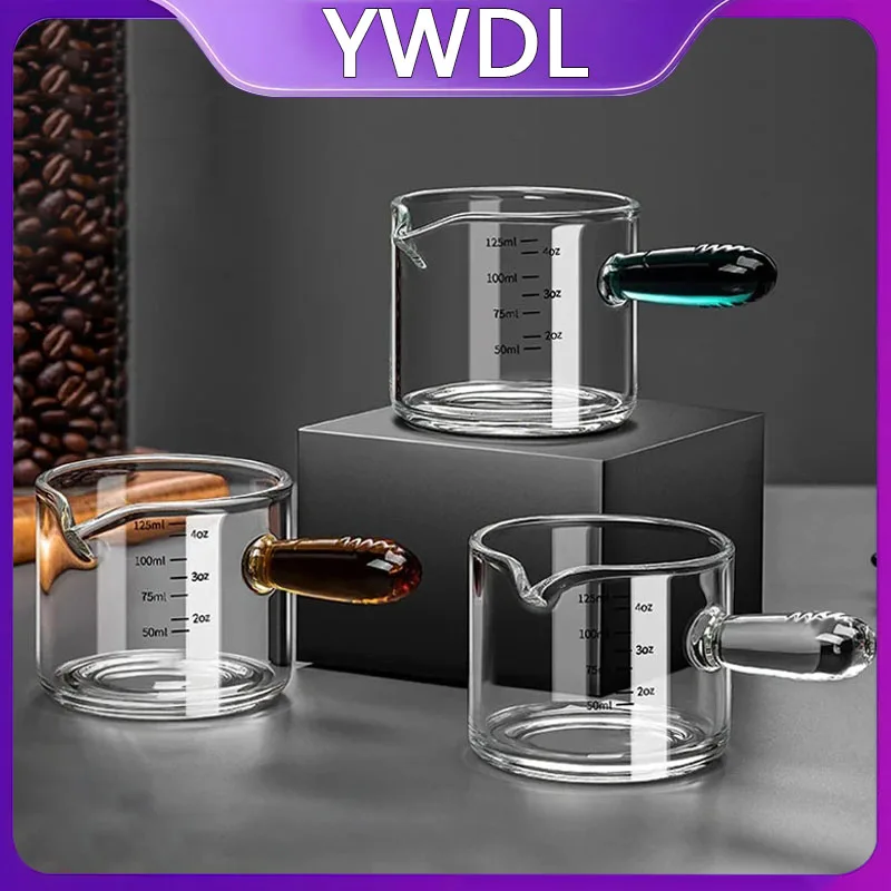 

YWDL 60/125ml Colour Glass Handle Espresso Measuring Cup Vshape Mouth Milk Coffee Supplies Thickened Glass Kitchen Measure Mug