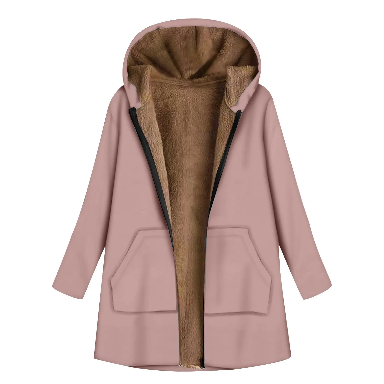 

Women's Fashion Warm Coat Solid Warm Plush Long Sleeve Zipper Hooded Jacket Plus Size Fleece Lined Jackets For Women Chaquetas