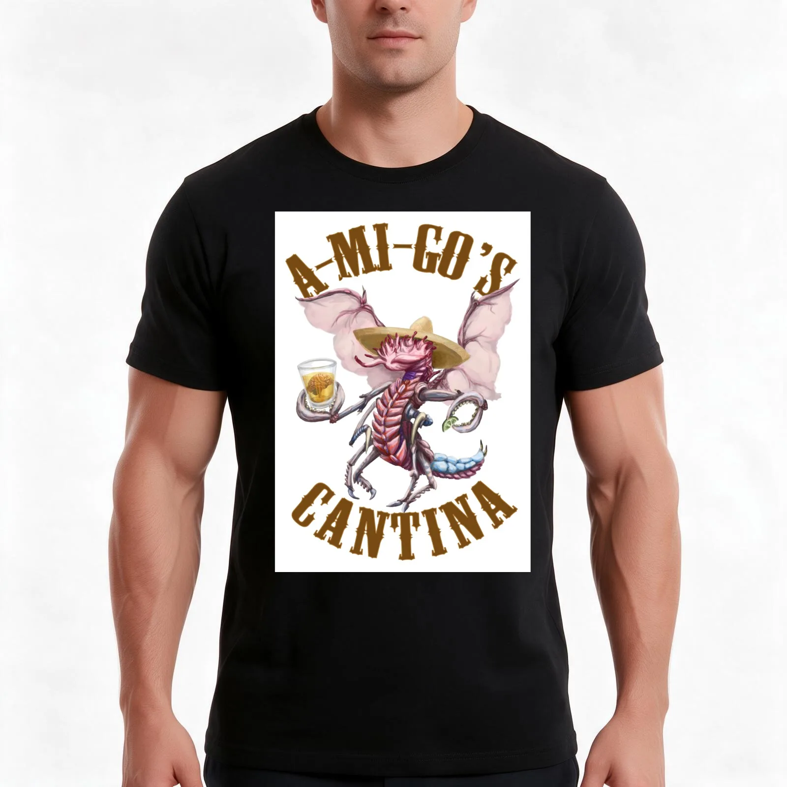 A-Mi-Go's Cantina T-Shirt, Summer Casual Cotton Tee, Oversized Streetwear Tops, Vintage Graphic Print, Loose Fit Short Sleeve