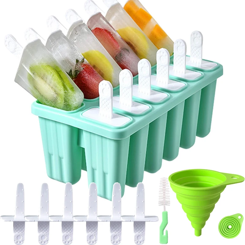 12-6 Cavities Silicone Popsicle Molds Easy Release Ice Cream Makers with  Reusable Stick & Funnel & Cleaning Brush,BPA FREE