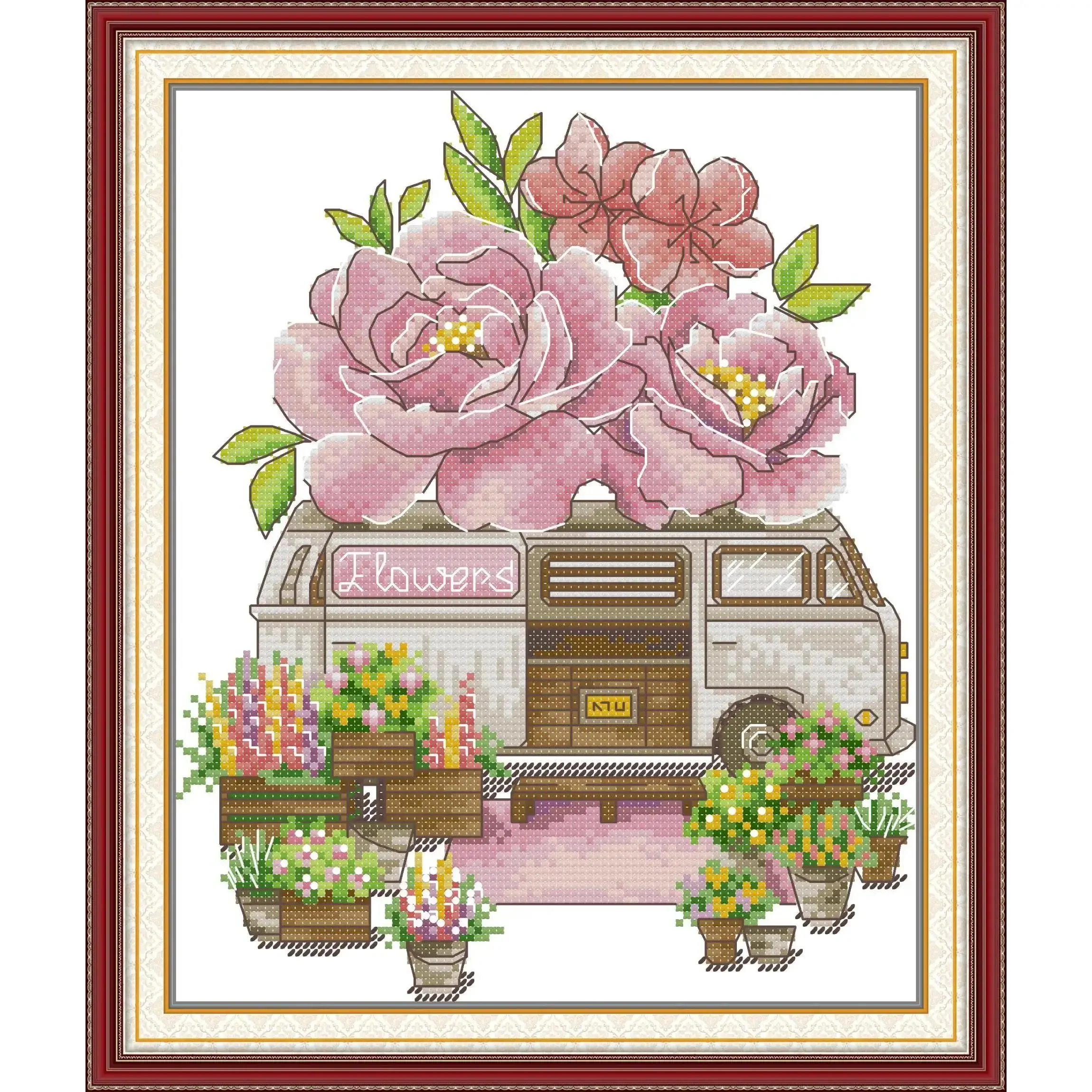 Joy Sunday Pre-printed Cross Stitch Kit  Easy Pattern Aida  Stamped Fabric Embroidery Set-Flower Caravan