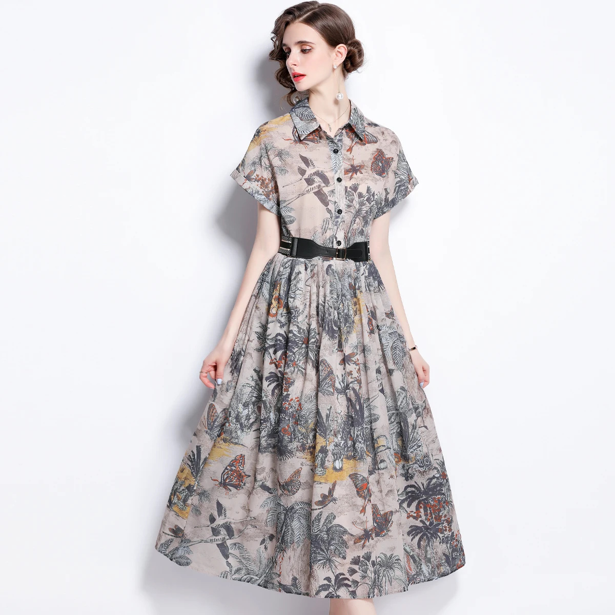 Designer Summer Women\'s A-Line Dresses 2023 Runway Elegant Lapel Short Sleeve Vintage Printed Midi Vestidos Robes Ladies M1861