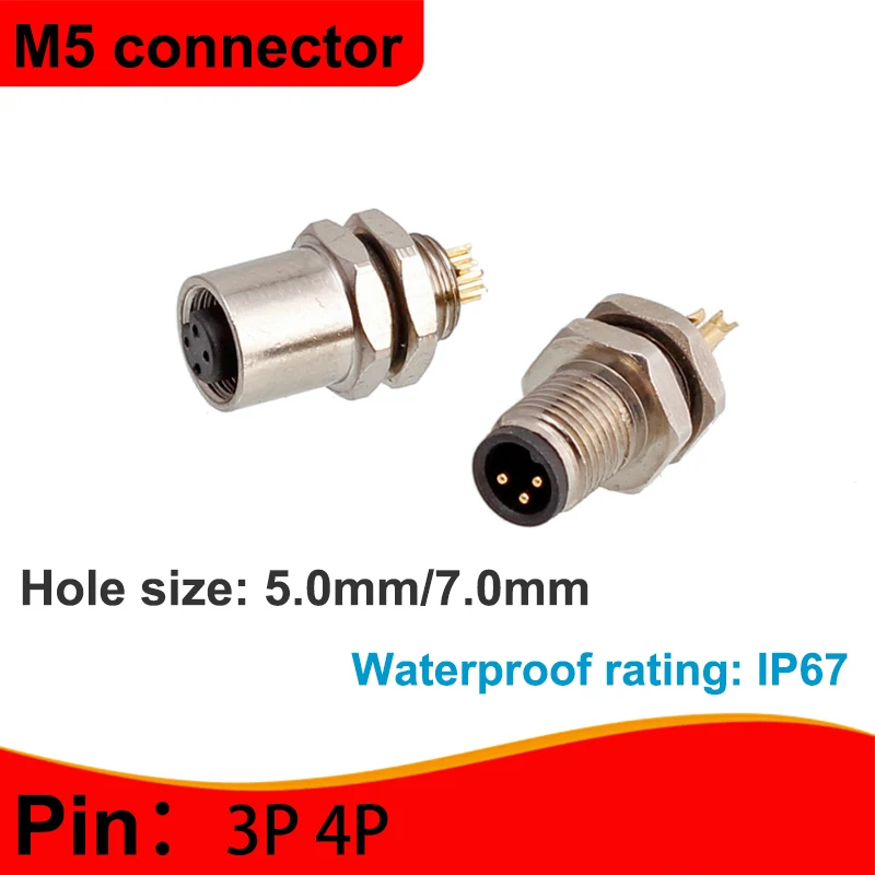 

M5 waterproof IP67 connector socket, 3-pin,4-pin,male and female pin core welded type, installed in front and back of the board