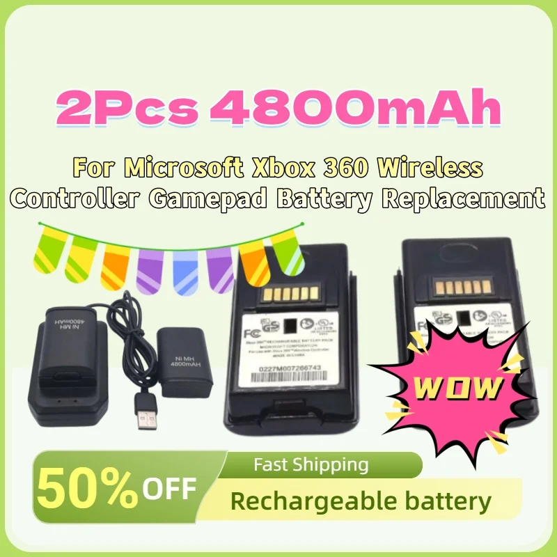 

For Microsoft Xbox 360 Wireless Controller Gamepad Battery Replacement New 2Pcs 4800mAh Rechargeable Battery Pack + USB Charger