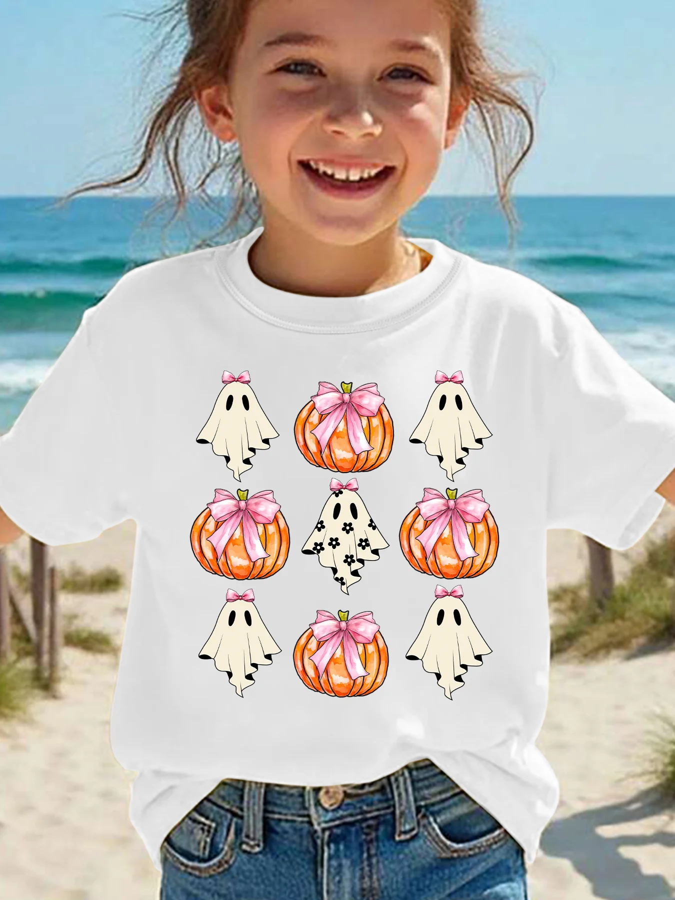 Kids Boys Girls Family Matching T Shirt Pink Bow Ghost Pumpkin Halloween Print Short Sleeve Crew Neck Soft Casual Holiday Tee