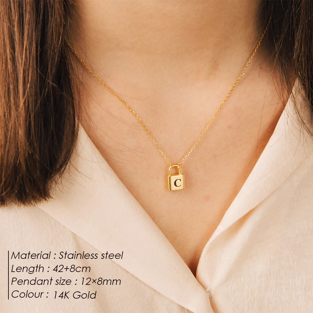 eManco Minimalist 14K Gold Plated Stainless Steel Locking Clasp Initials A-Z Pendant Women\'s Short Padlock Necklace Wholesale