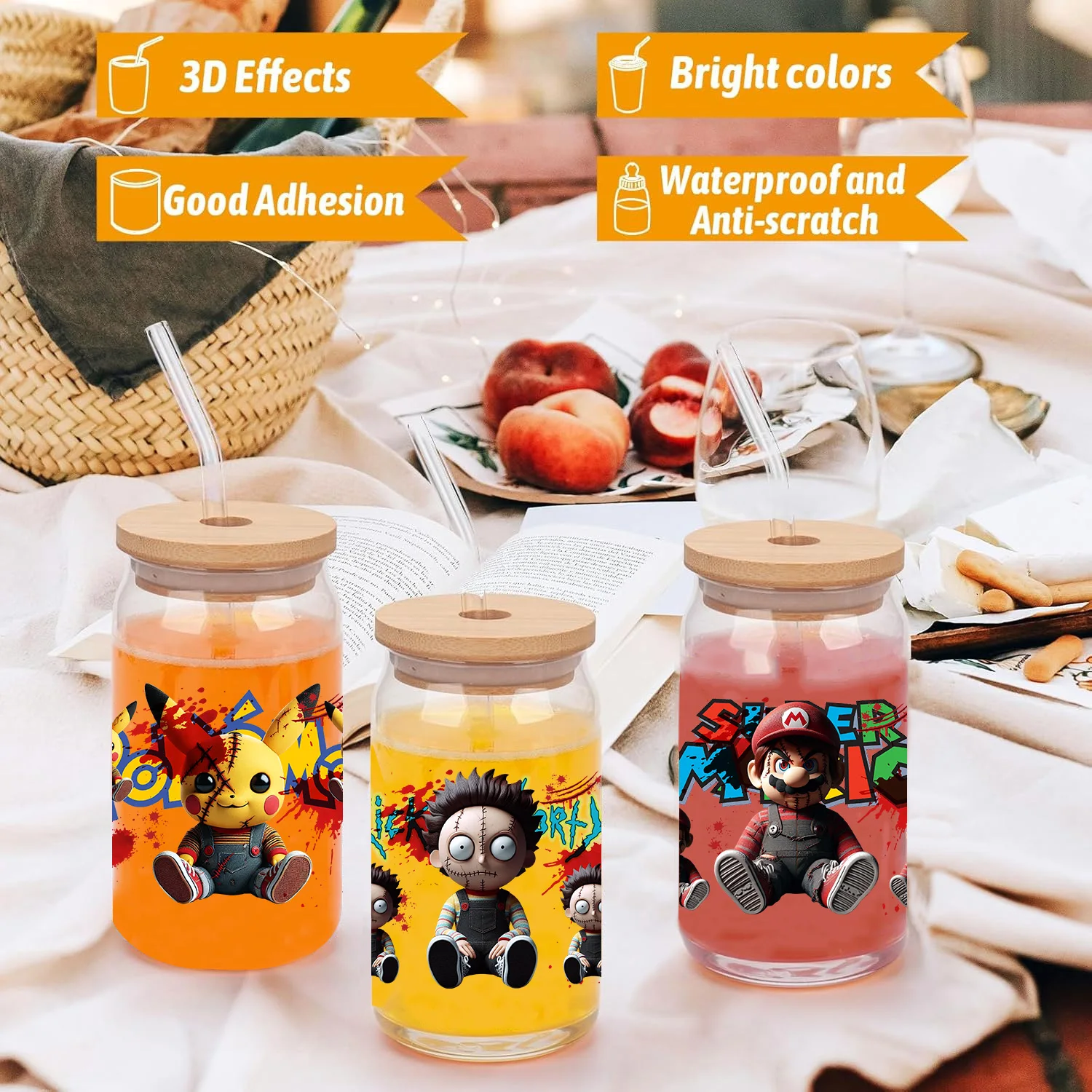 Miniso horror anime fácil casca à prova dwaterproof água diy decalques 3d transferências uvdtf adesivos de cristal 16oz uv dtf tumbler copo envolve adesivo