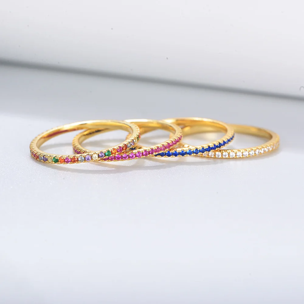 

Real 925 Sterling Silver Colorful CZ Simulated Diamond Stackable Ring Gold Plated Eternity Bands for Women Fine Jewelry Gifts
