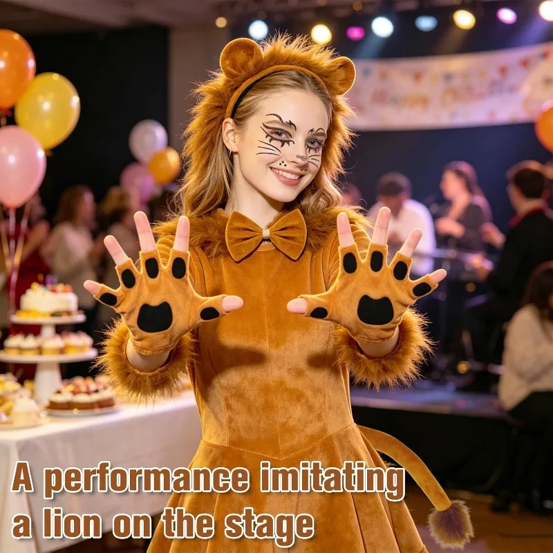 5PCS Lion Costume Set Mane Headband Tail Bowtie Paws Halloween Dress Up Safari Jungle Animal Halloween Birthday Party Dress Up 6