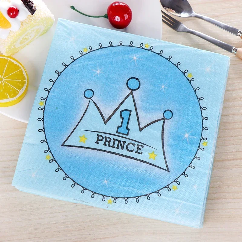 

10/20pcs/pac New Birthday Paper Napkins Facial Tissues Party Printed Cartoon Tissue Prince Blue Crown Food Grade 2 Ply 33*33cm