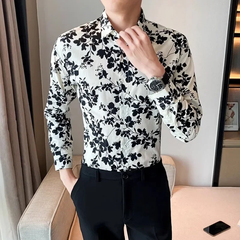 2024 Spring Men Slim Floral Print Long Sleeve Shirt Turn Down Collar Button Blouse Luxury Social Shirts Holiday Party Tops