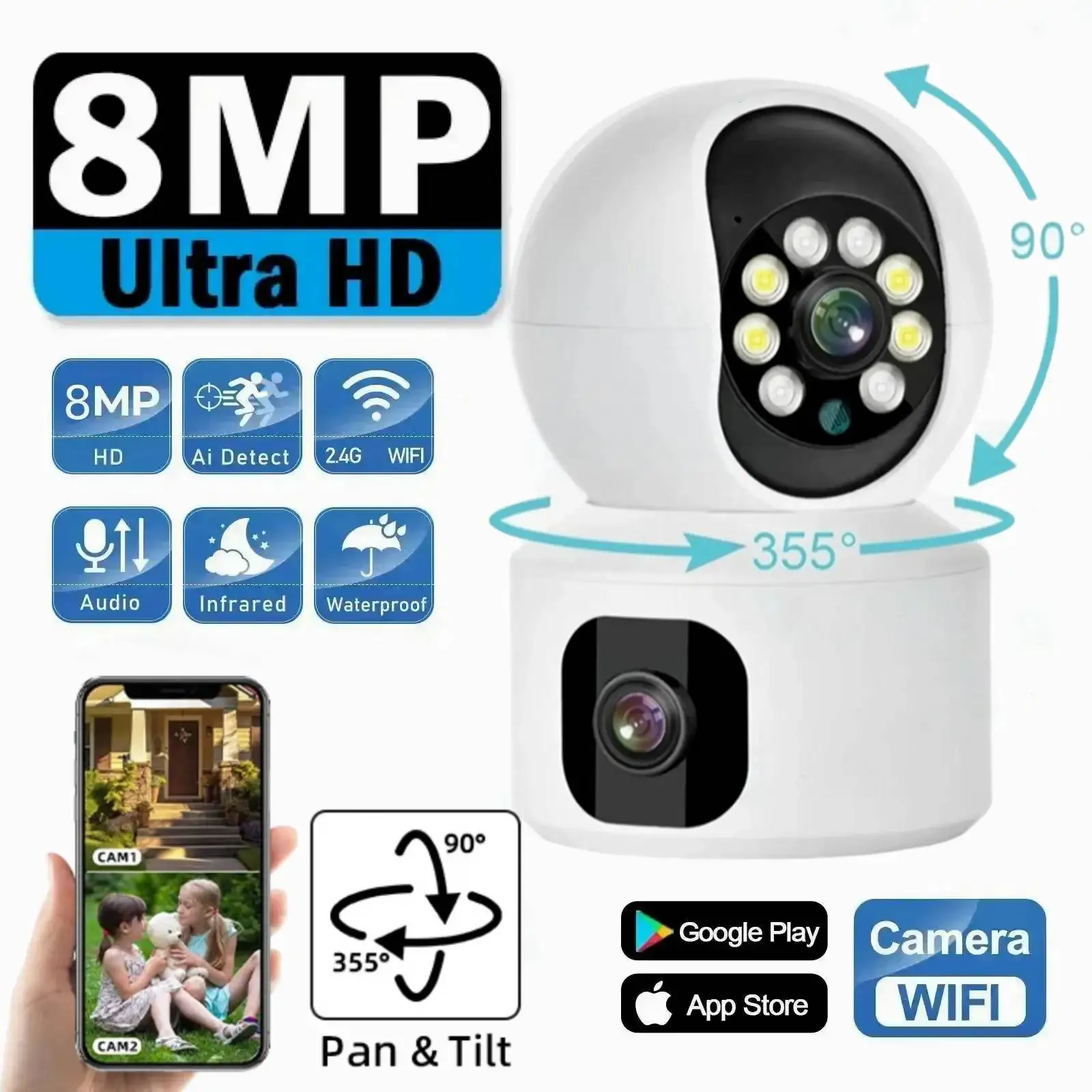 wifi camera hd tela dupla monitor do bebe casa seguranca cam suporta audio bidirecional cor visao noturna cctv vigilancia cam 8mp 4k 01