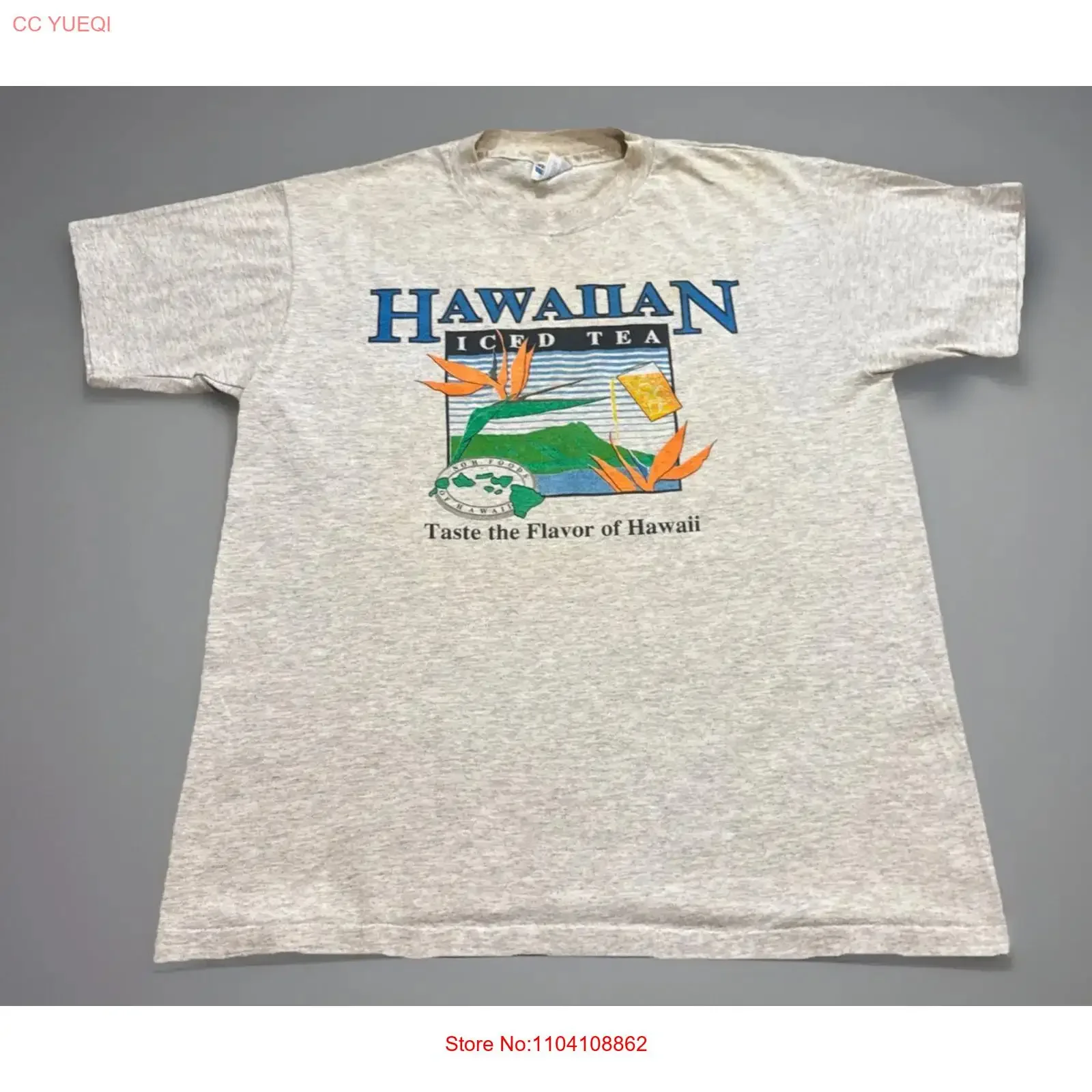 Camiseta Vintage de los 80s con Diseño de Té Helado Hawaiano Noh Foods, Color Gris, Talla Grande, Estilo Vintage Lavado, Unisex, Ropa Casual de Diseñador
