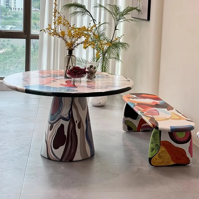 Hand painted oil painting dining table circular furnace graffiti, casual creative dining table, modern simple table