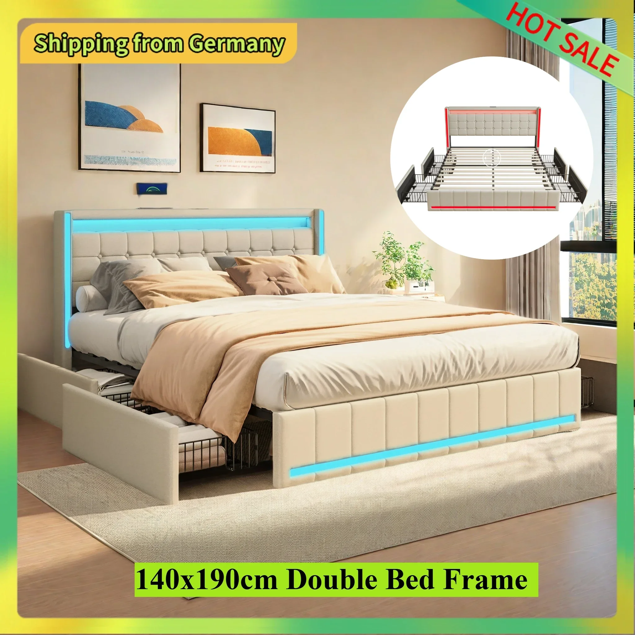 Comanlai Letto imbottito a LED 140x190 cm, Letto matrimoniale con 4 cassetti, Struttura letto con luci a LED e porta di ricarica USB, Tessuto di lino