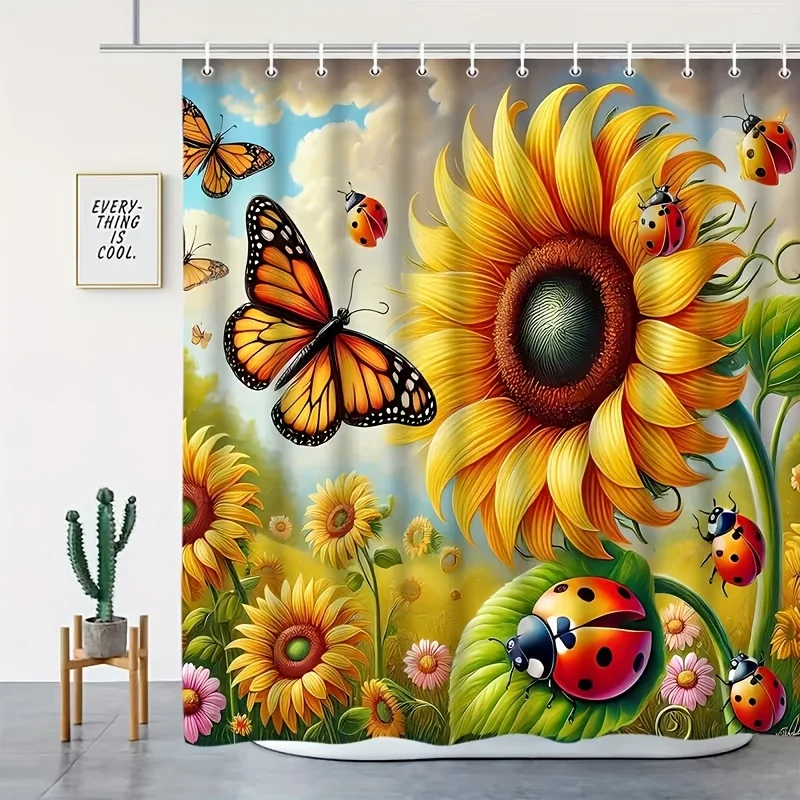 2D Flat, An American Country-style Cartoon Shower Curtain Featuring a 2D Flat Print. The Design Centers on Vibrant Sunflowers, C
