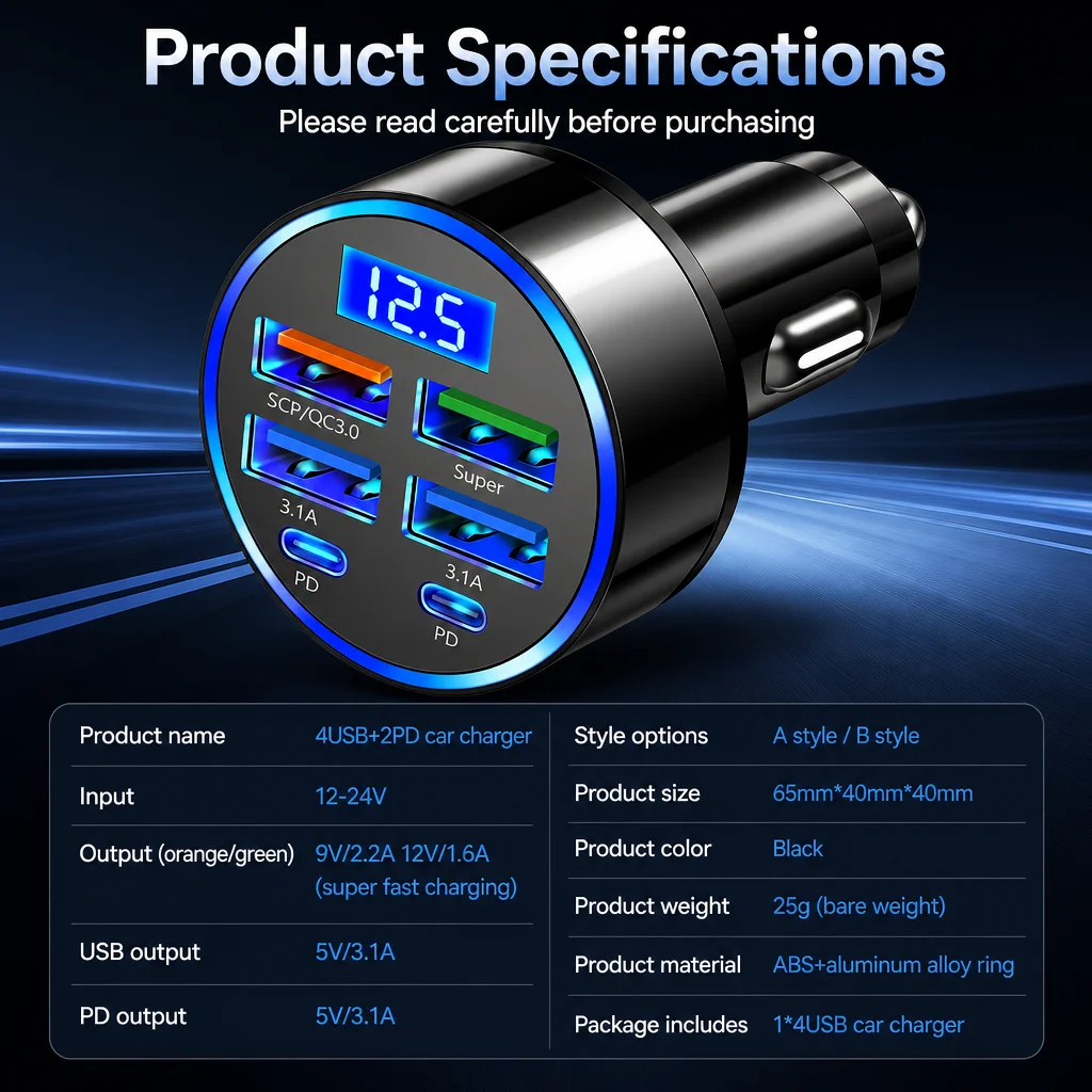 Cargador de coche de 100W y 6 puertos, carga rápida PD Qc3.0, cargador de teléfono USB C, adaptador tipo C para coche, para iPhone, Samsung, Huawei, Xiaomi