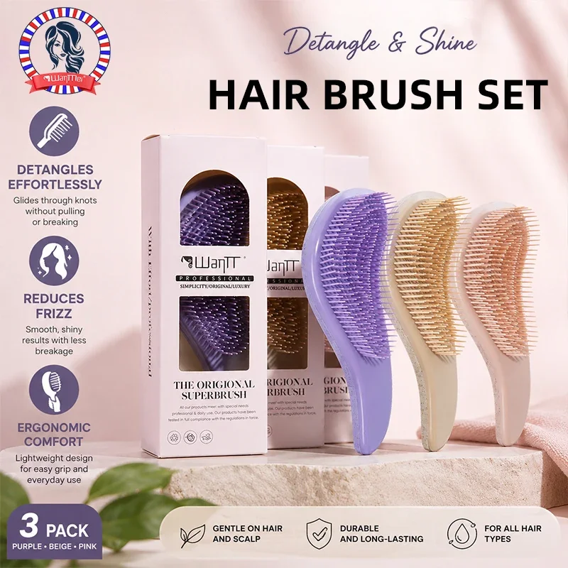 

3Pcs Detangling Hair Brush Set Anti-static Scalp Massage Comb, No Pull, Reduces Frizz, for All Hair Types, Wet Dry Use