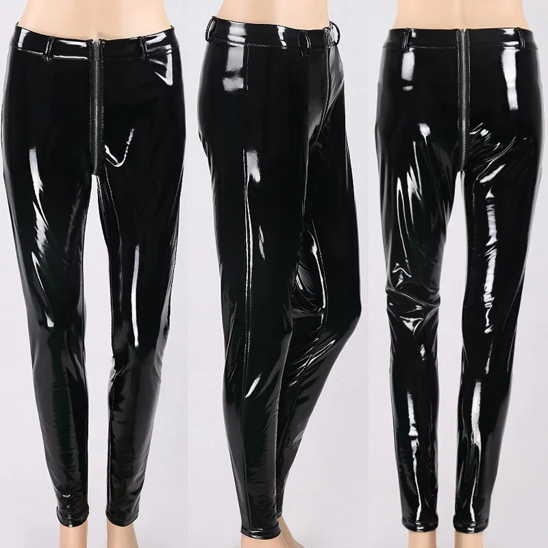 Damen Skinny-Leggings aus schwarzem Spiegelleder mit hoher Taille und Reißverschluss vorne, sexy, figurbetont, Clubwear, Party-Nachthose, glänzend, schick, heiß – Detail 4