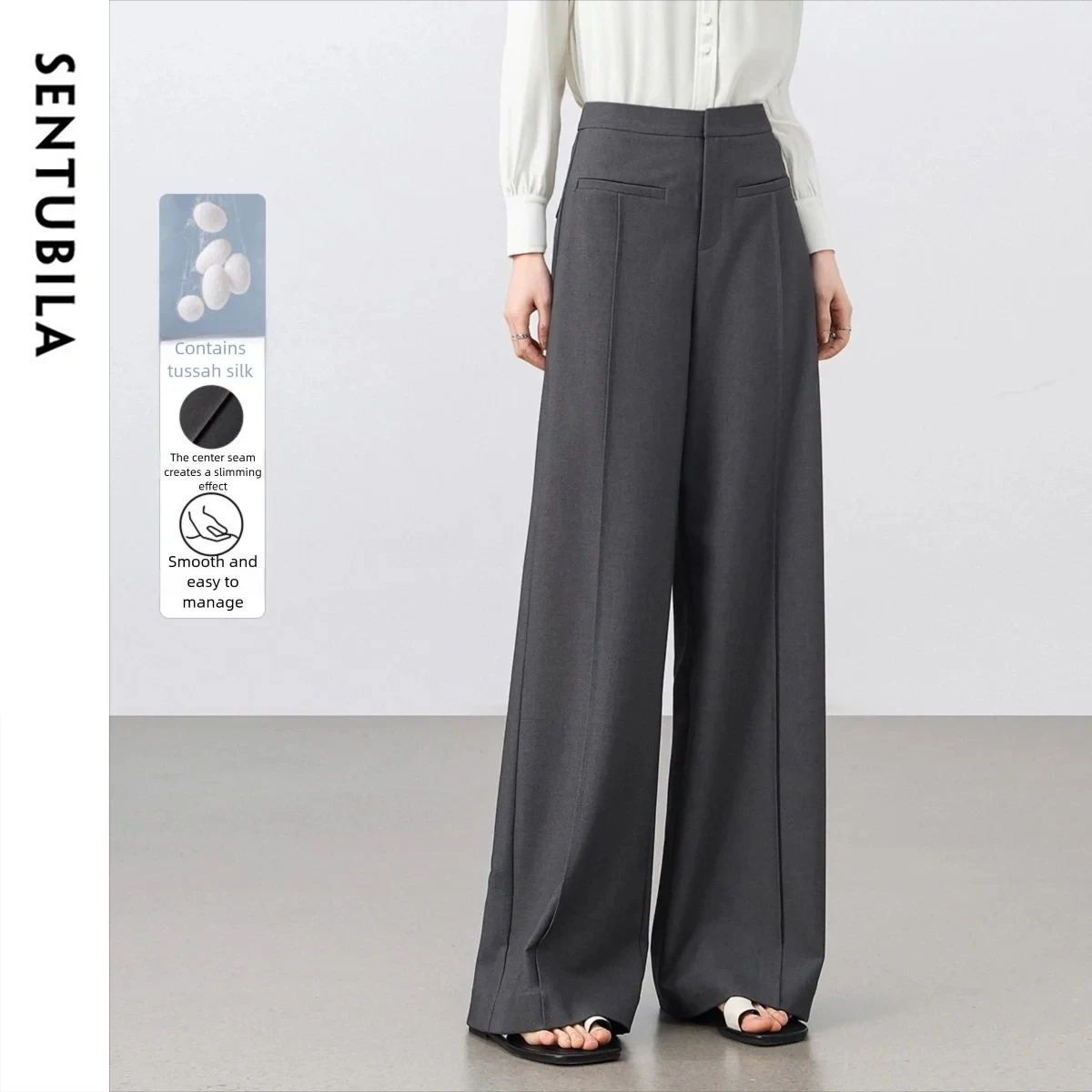 SENTUBILA 2025 Women's High Waist Wide Leg Pants Lip-Shaped Pocket Detail Office Women Trousers High Quality Clothing 152K80371