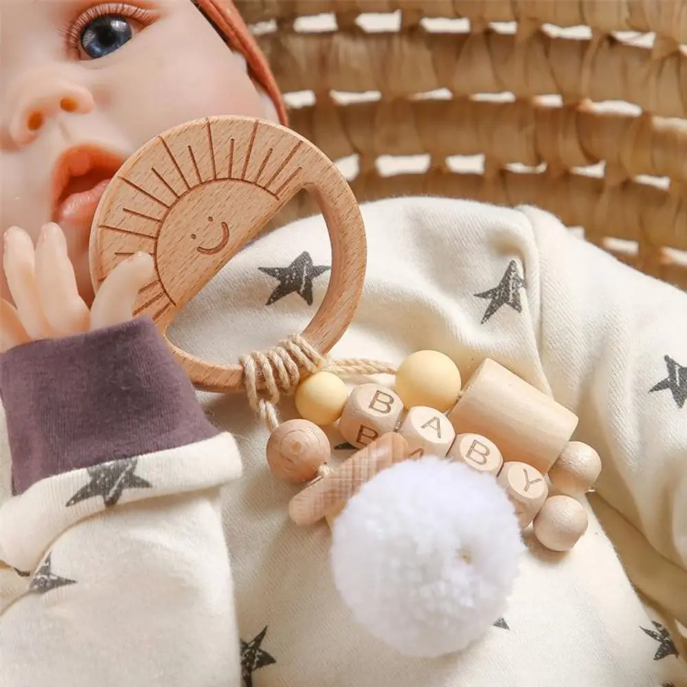 Cartoon Anti-lost Wooden Baby Rattle Toy Handmade Adjustable Handbell Rattle Toy Montessori Food Grade Wooden Rings Toy Baby