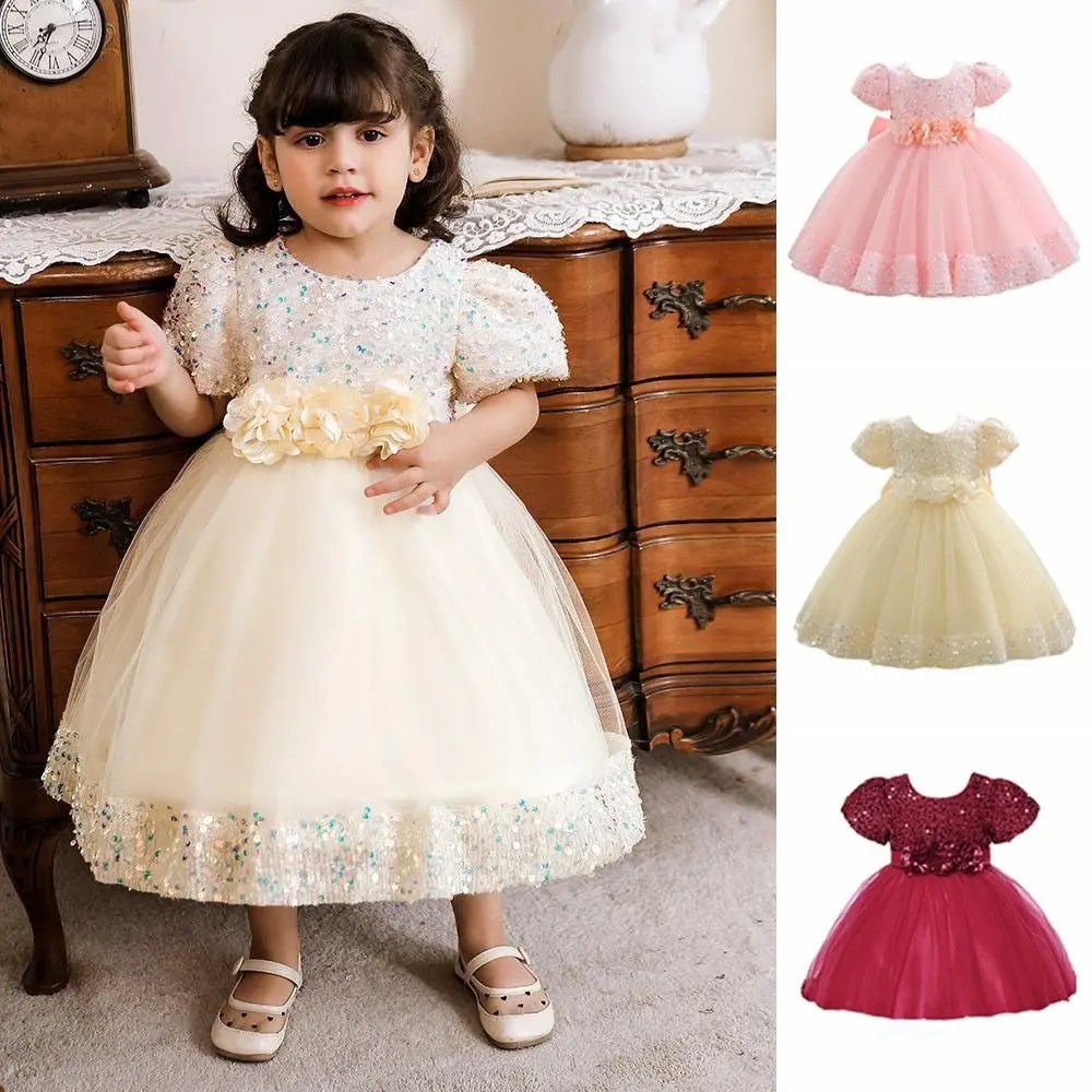 

Puff Sleeve Girls Princess Evening Dress Flower Bowknot Children Tulle Dress Shiny Glitter Sweet Party Dress Skirt Birthday
