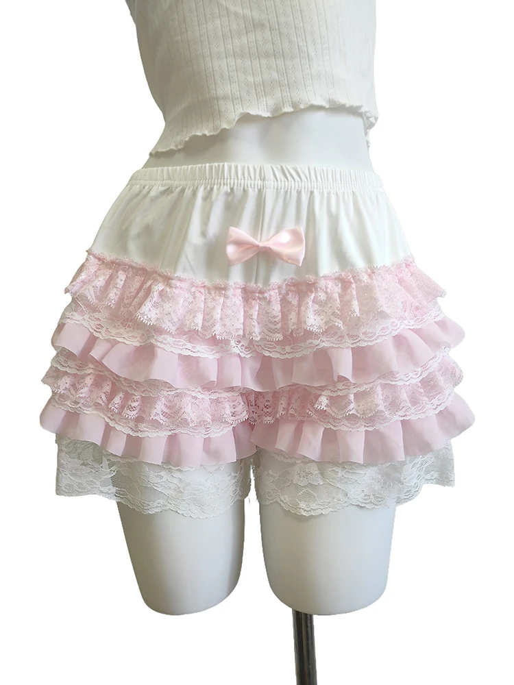 

Cute Lace Shorts for Sweet Girls Bows Decoration Elastic Waist Lolita Style Sweet Multilayer Bottoming Shorts Kawaii Clothes