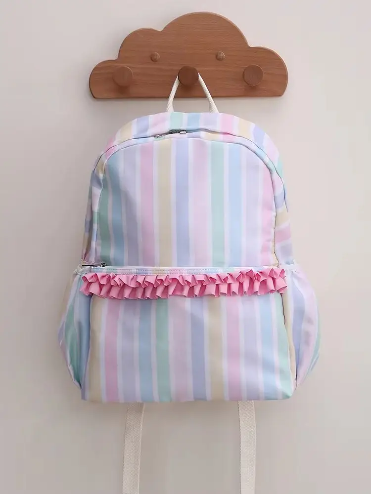 Rainbow Striped Backpack Light Colored Schoolbag With Adjustable Shoulder Straps And Pink Pleated Lace Design Fashion